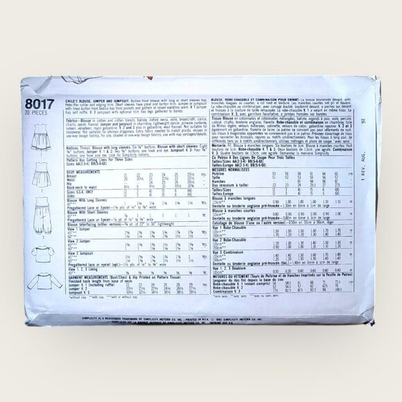 Vintage 1990s Simplicity Sewing Pattern 8017 Girls Blouse Jumper Jumpsuit 5-6X - Picture 2 of 2